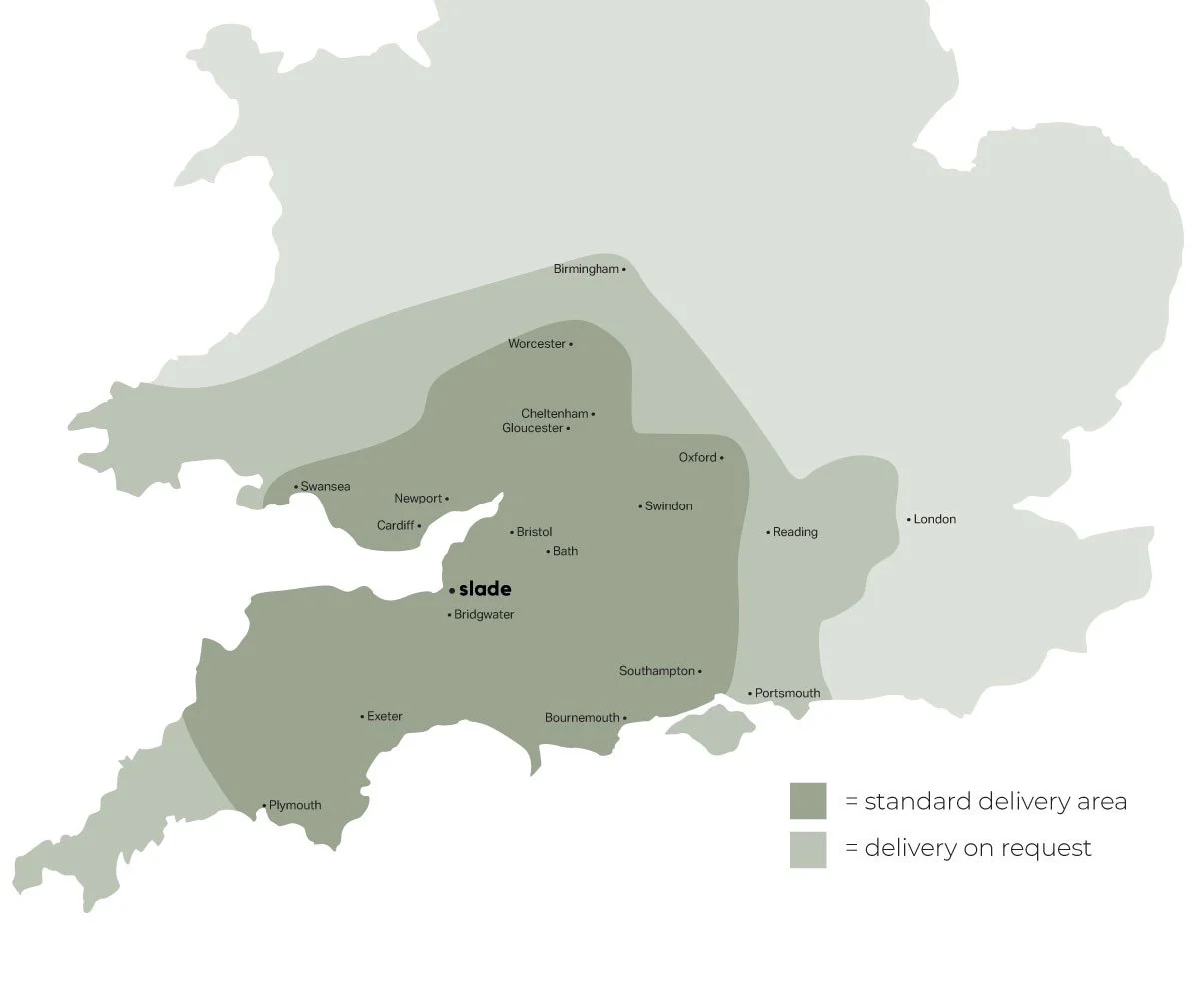 Map of England showing delivery areas. Darker green indicates standard delivery area, lighter green indicates delivery on request. Notable cities include Birmingham, Worcester, Cheltenham, Gloucester, Oxford, Swindon, Reading, London, Southampton, Portsmouth, Bournemouth, Exeter, Plymouth, Bridgwater, Slade, Bristol, Bath, Newport, Cardiff, Swansea.