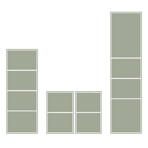 Three black bookshelves with multiple shelves filled with gray storage boxes, set against a black background.