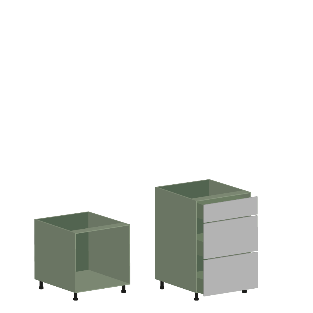 Two modern green and gray nightstands, one smaller with open storage and one taller with three drawers, on black legs.