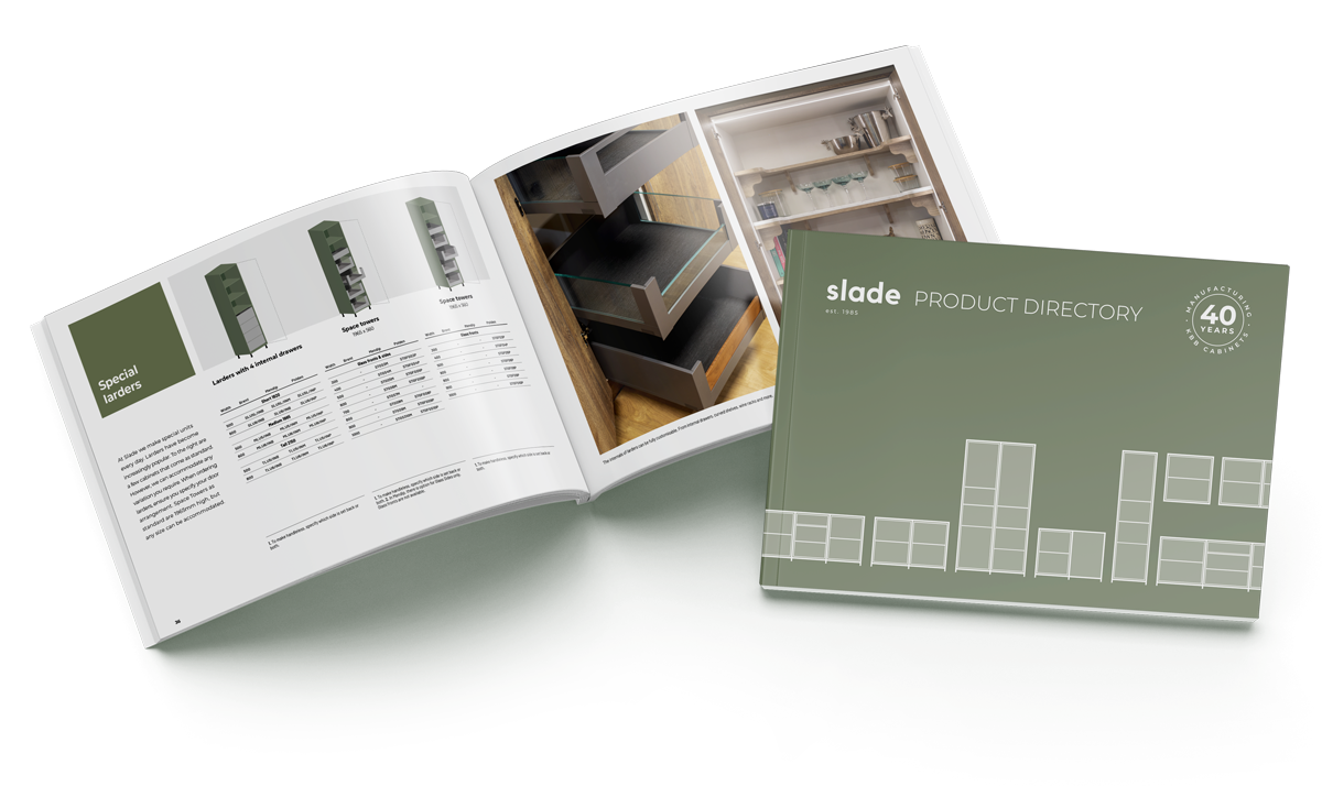 Open cabinet, closed product catalog on display, and opened product catalog showing shelving unit images