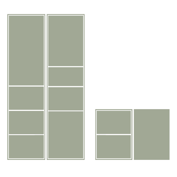 Two large modular shelving units and a smaller shelving unit, all with multiple compartments, arranged against a black background.