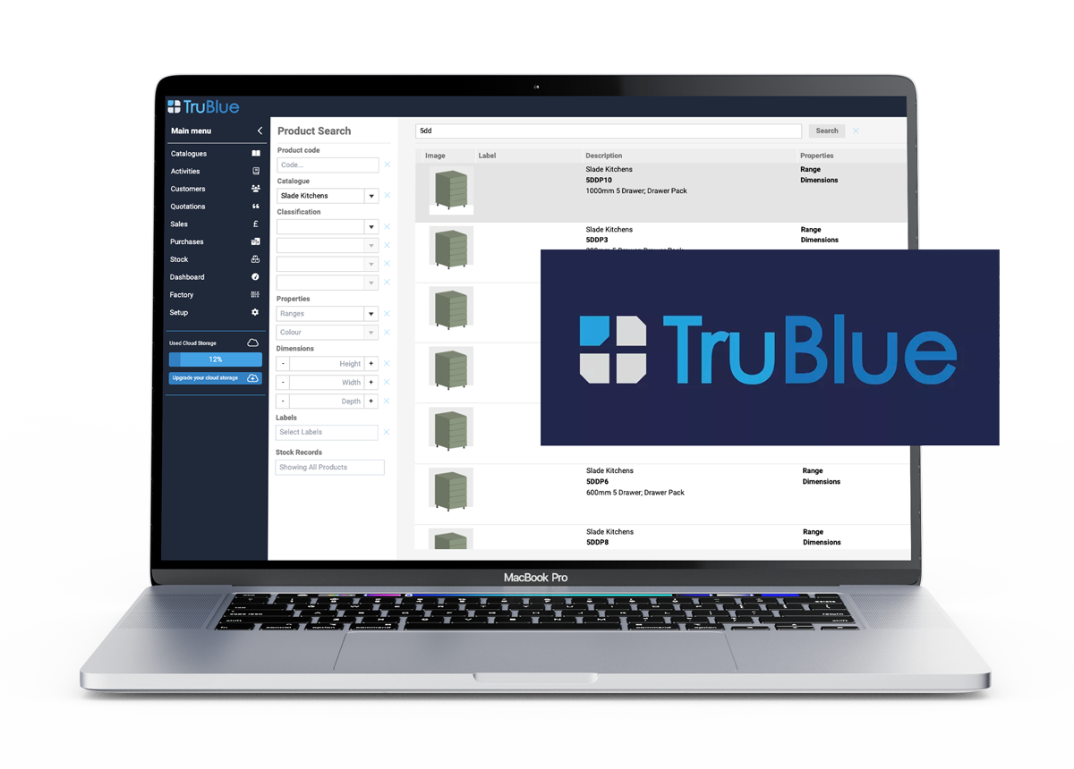 Open MacBook Pro displaying TruBlue software interface for inventory management, showing product search and a logo overlay.