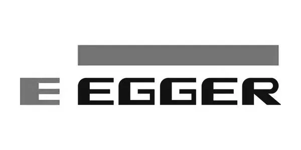 The image shows the word 'EGGER' with a gray horizontal bar above it and a gray letter 'E' to the left of the word, on a white background.