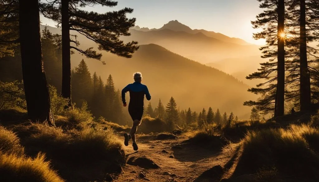 Person running on a forest trail at sunrise, with mountains and pine trees in the background.