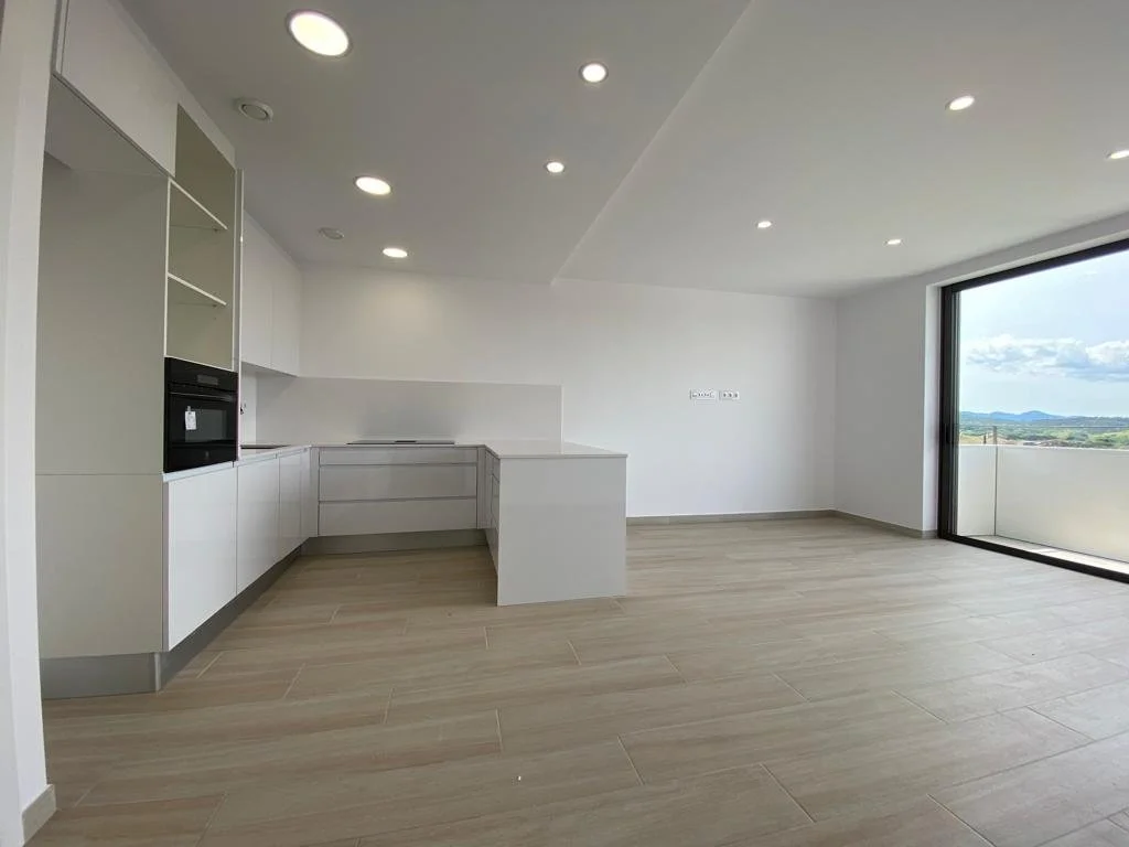 Interior de una sala de estar moderna y vacía con pisos de madera clara, paredes blancas, cocina minimalista y gran ventana con vista panorámica.