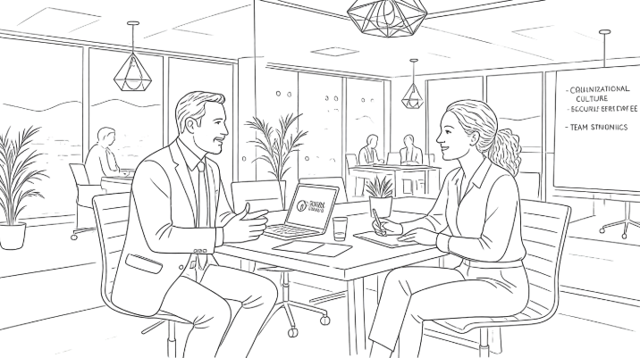 Entretien entre un manager et une experte en santé au travail lors d'un audit organisationnel et de prévention des RPS en entreprise.