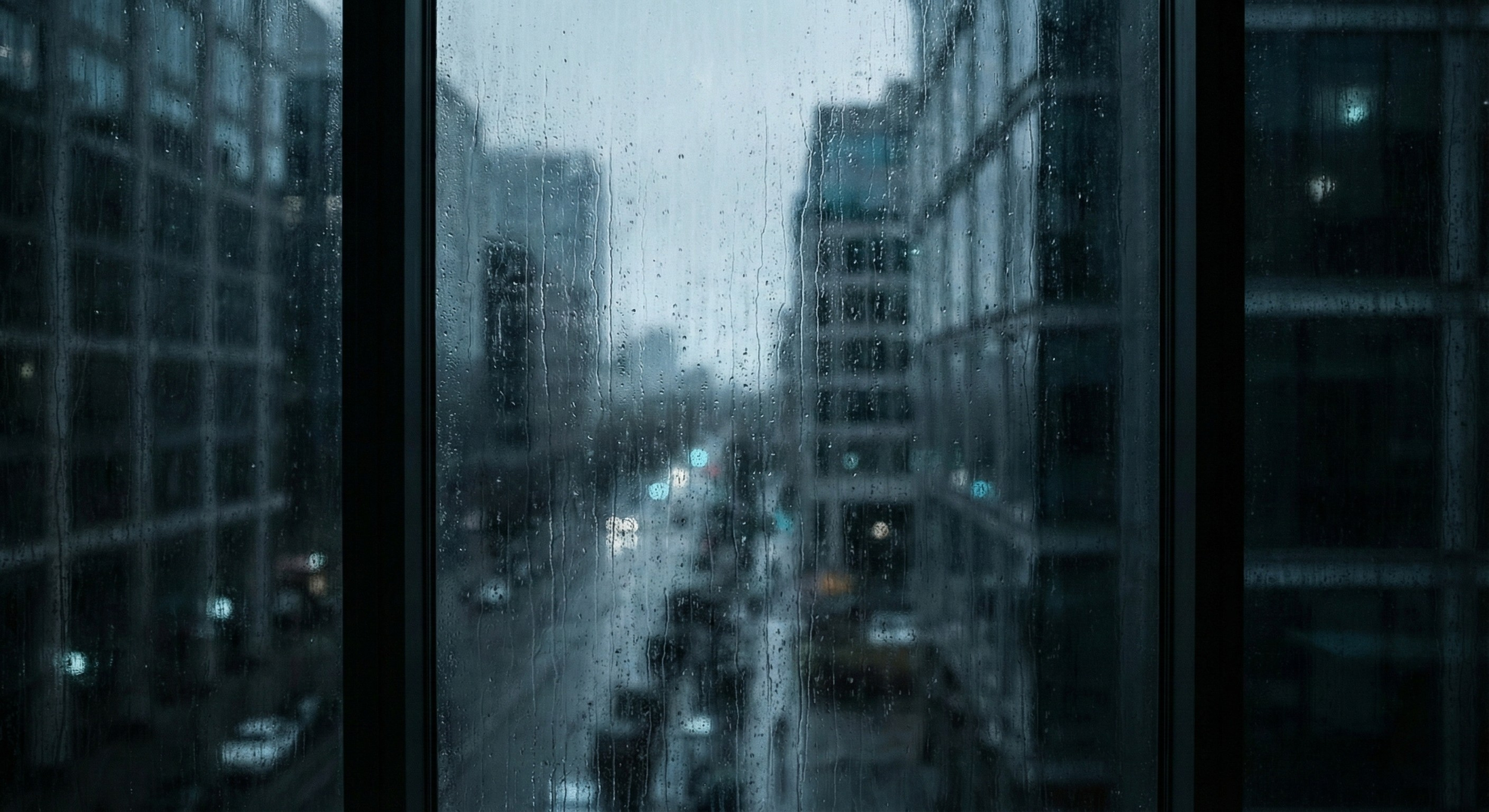 Illustration métaphorique du harcèlement moral : vue trouble et isolée à travers une fenêtre de bureau sous la pluie.