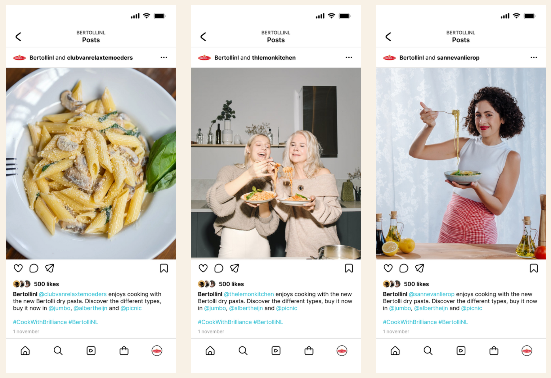 Influencer content designed to spark creativity and position Bertolli pasta as the canvas for expressive cooking.