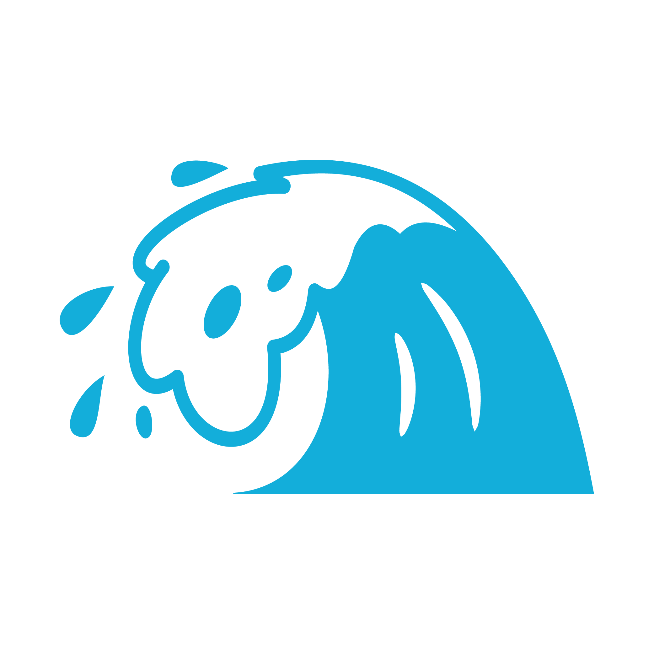 Blue cartoon illustration of a water wave with a face, showing an expression of distress or worry, with water splashes around it.