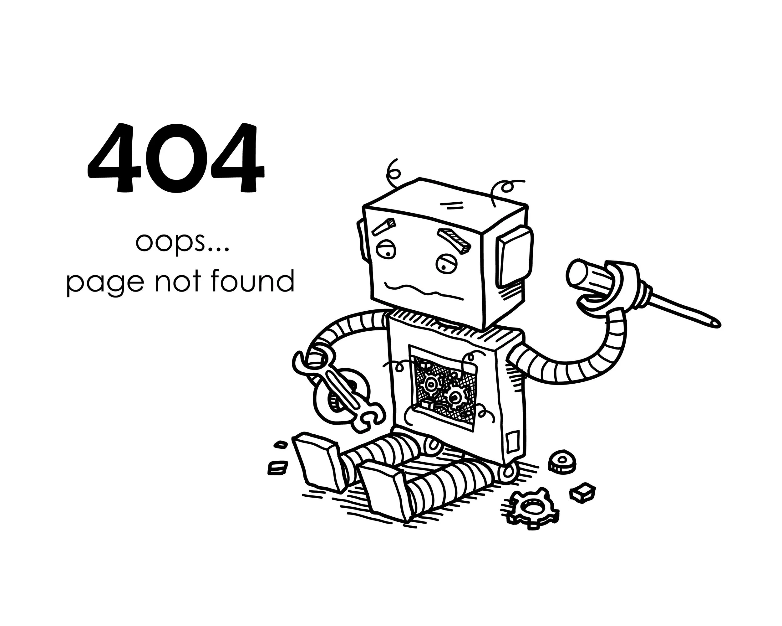 Black and white illustration of a sad-looking robot with a square head, holding a screwdriver, with various mechanical parts around it and the text '404 oops... page not found'.