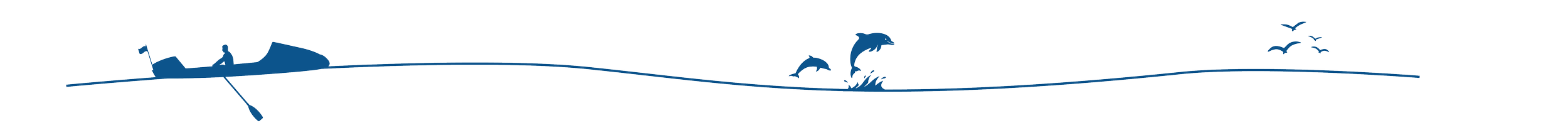 Illustration of a beach scene with dolphins jumping out of the water and birds flying overhead.