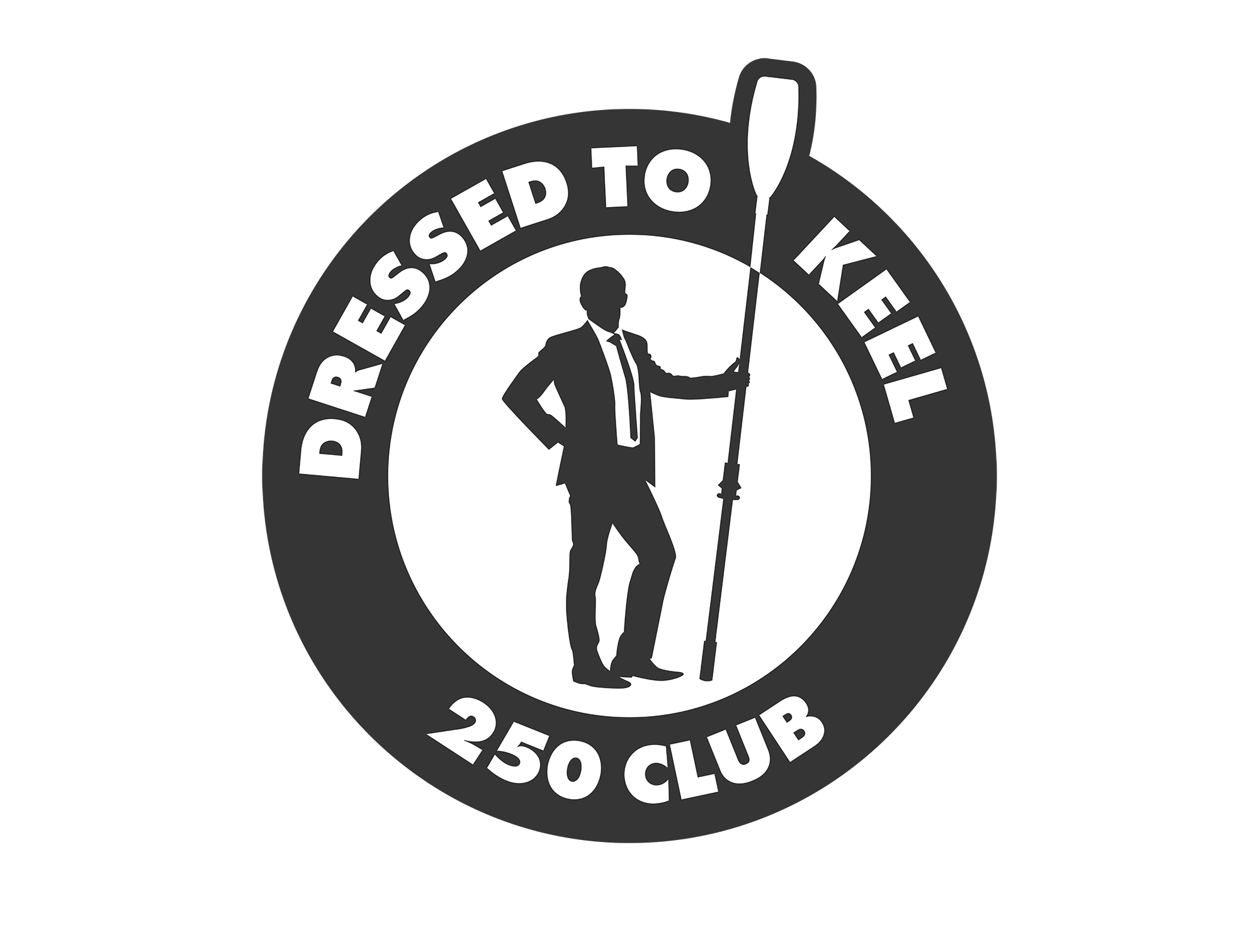 Black and white emblem for the 'Dressed to KeeL 250 Club' with a silhouette of a person in a suit holding a flagpole with a flag.