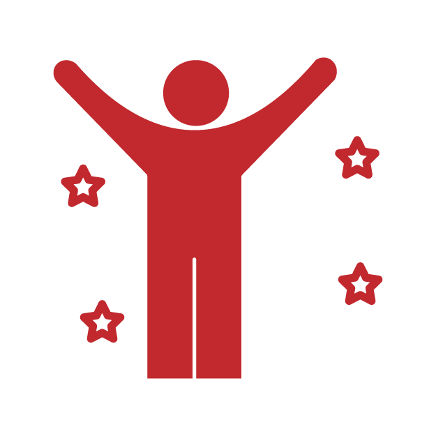 Red stylized human figure with arms raised, surrounded by five red stars.