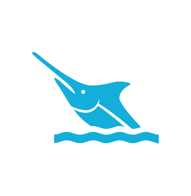 Simplified orange outline of a sailfish jumping out of water.