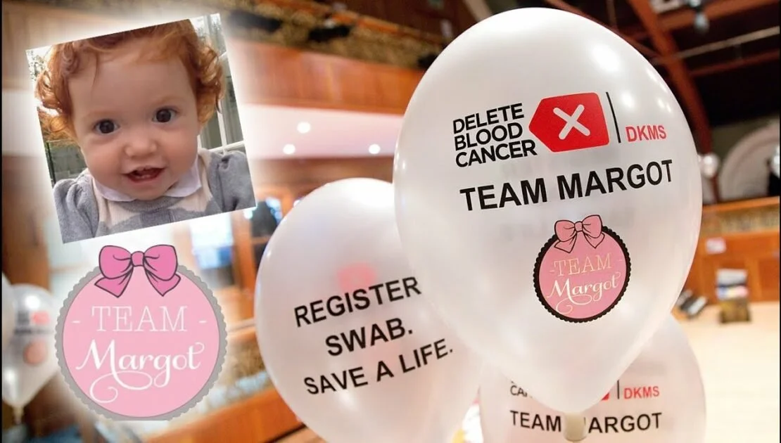 Identification cards and balloons for a blood cancer awareness team named 'Team Margot,' with a photo of a young child with curly red hair.