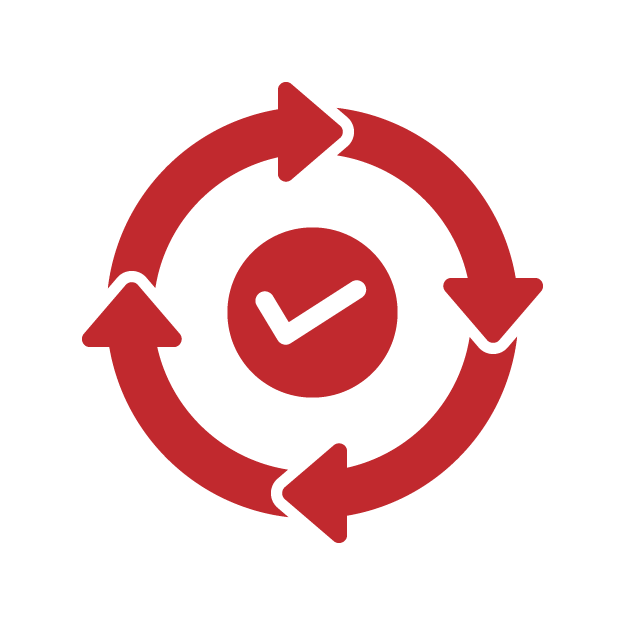 Red circular arrows surrounding a clock with a checkmark, representing process or time management.