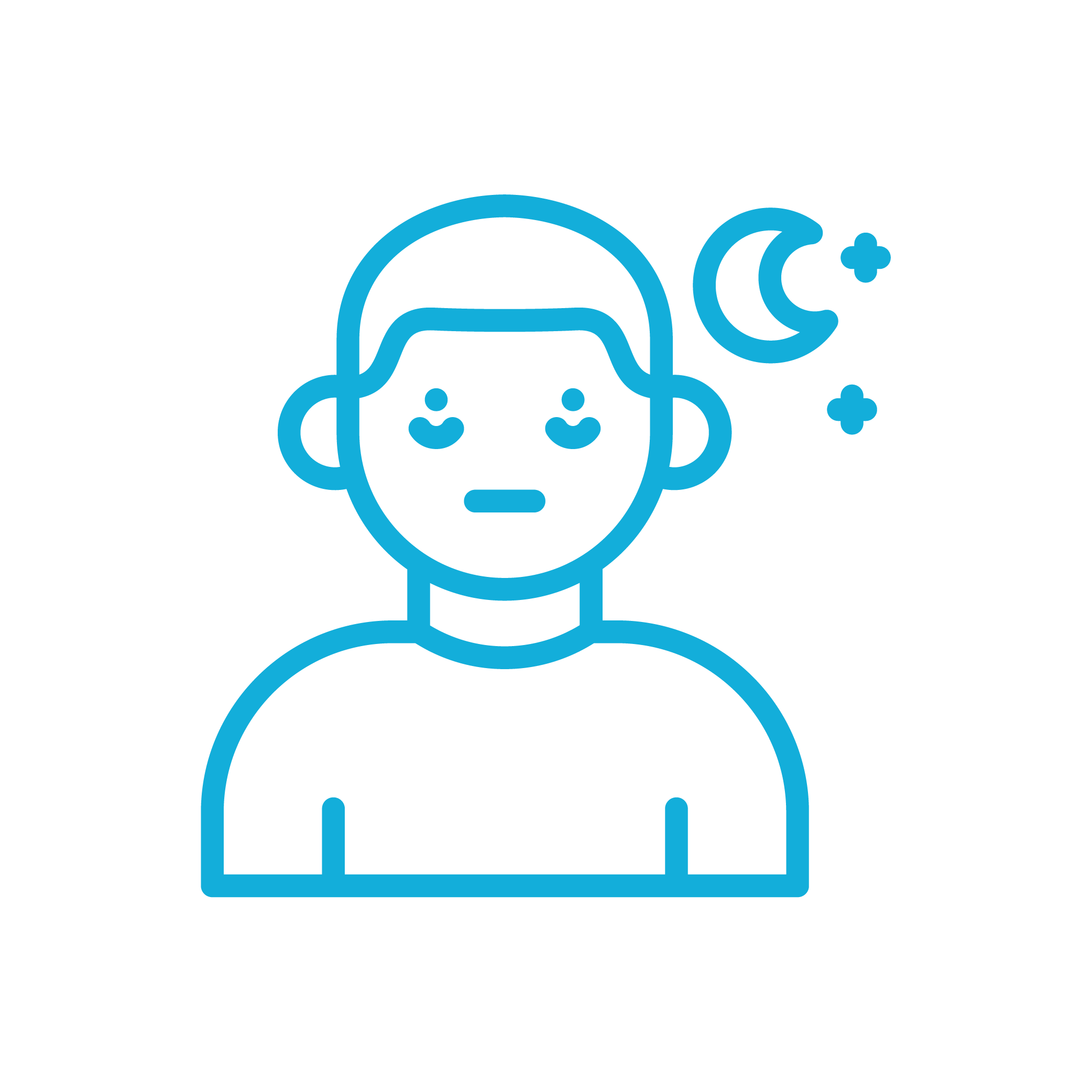 Line drawing of a tired person with closed eyes, cold sweat, and a neutral expression, with a crescent moon and stars indicating nighttime.