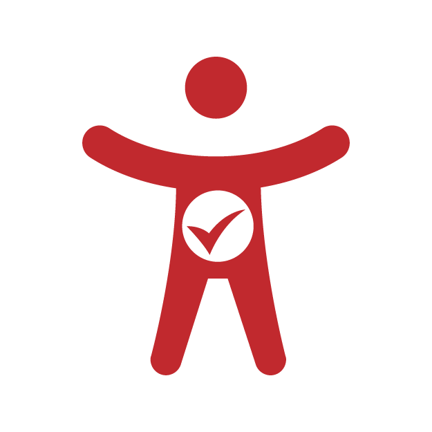 Stylized icon of a person with arms raised, a checkmark inside the torso, in red and black colors.