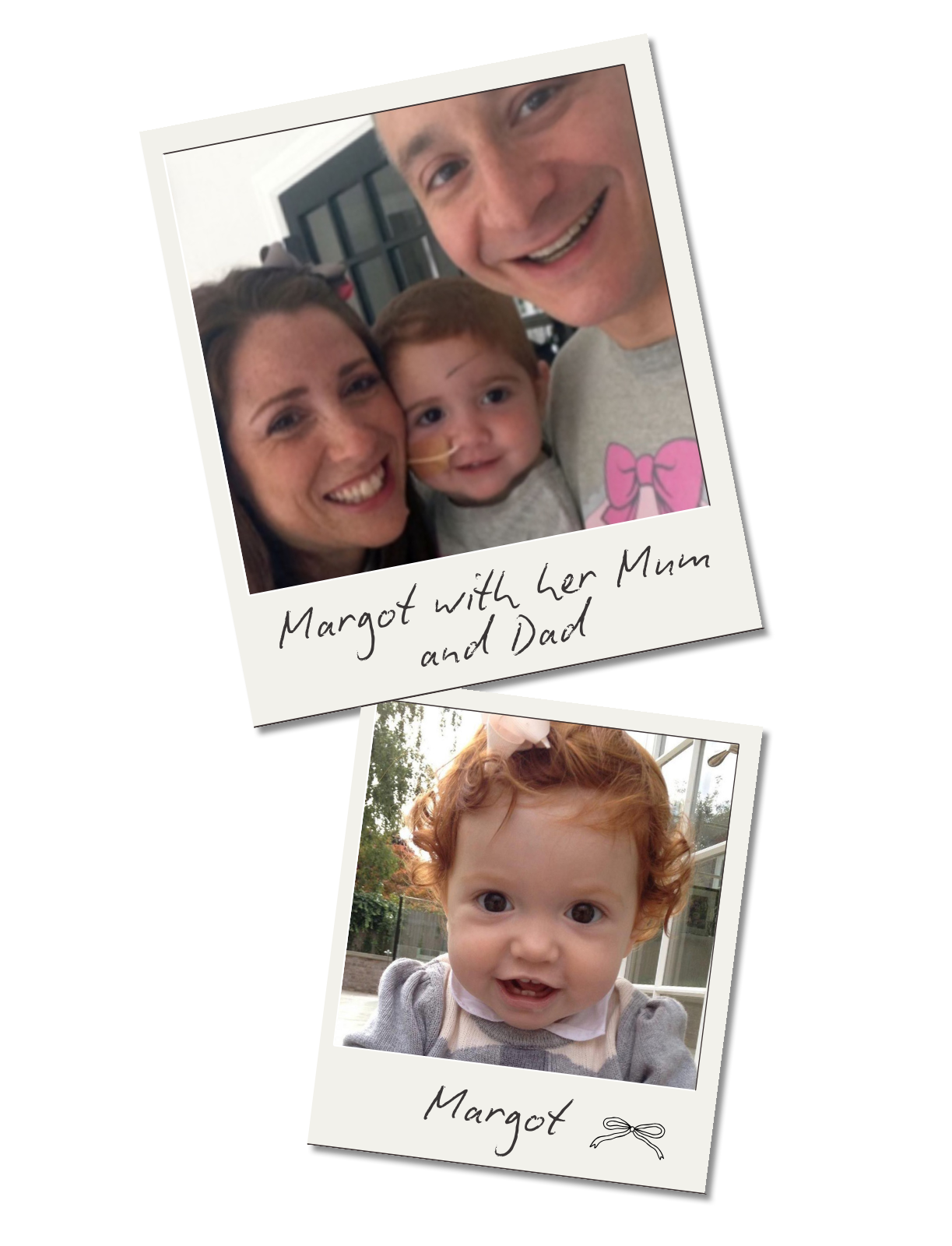 Photographs of a young girl named Margot with her parents. The first photo shows Margot with her mother and father in a close-up, smiling, with her mother having a nasal tube. The second photo is a portrait of Margot with curly red hair, taken outdoors.