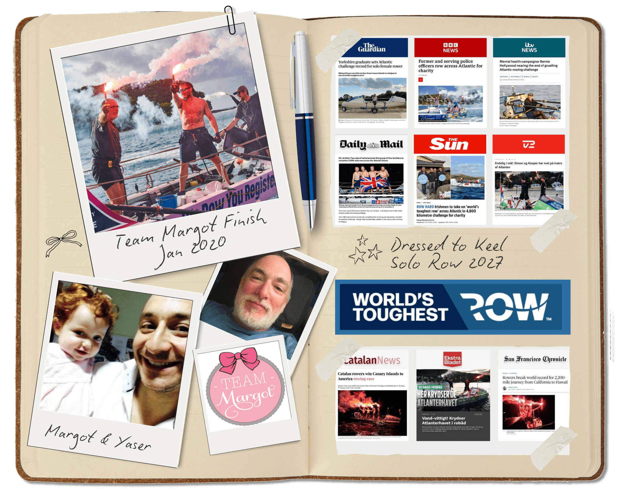 A scrapbook page with various photos and newspaper clippings. The newspaper clippings include headlines about ocean rowing victories, a 'World's Toughest Row' logo, and articles about rowing races and records.