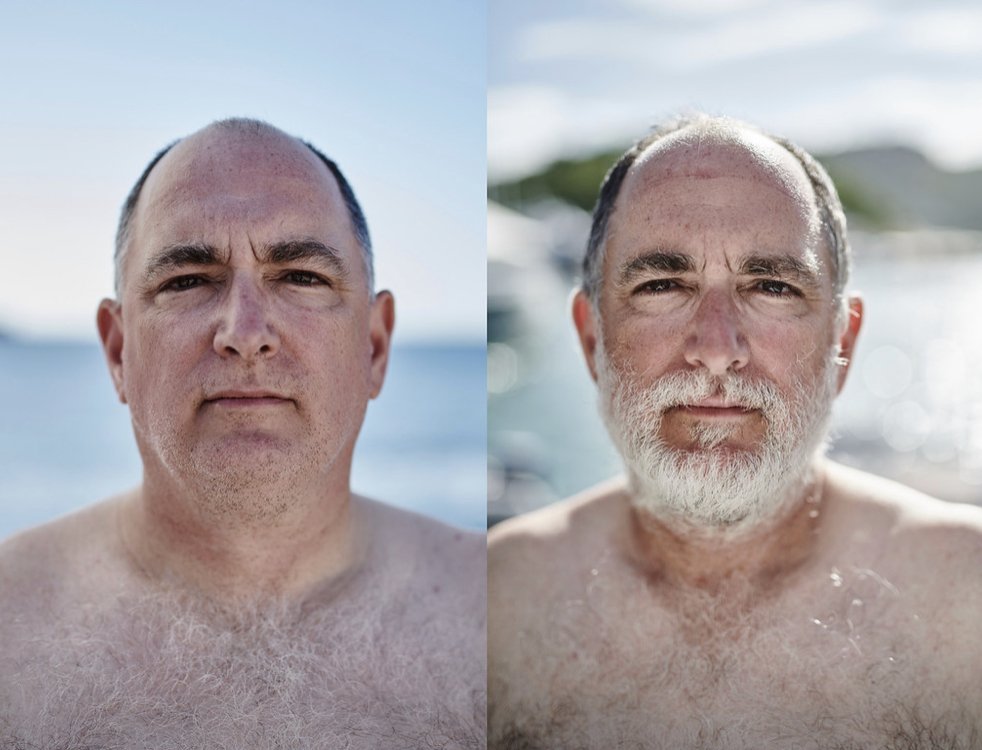 Side-by-side comparison of Guy Dresser before and after rowing the Atlantic.
