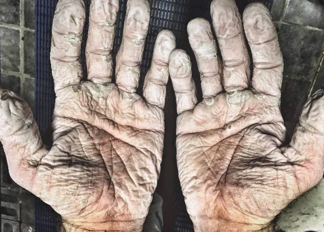 Close-up of wrinkled, weathered hands after an ocean row.