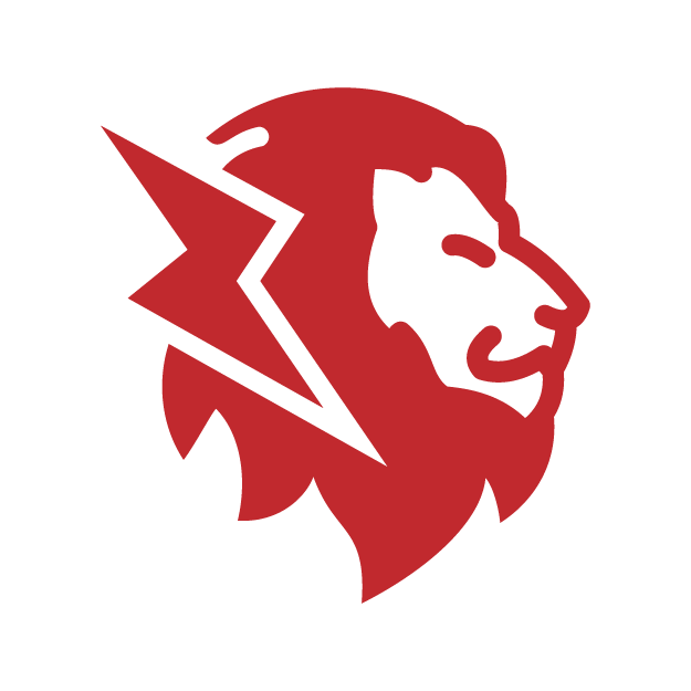 A stylized red lion head with a black lightning bolt across its mane on a black background.
