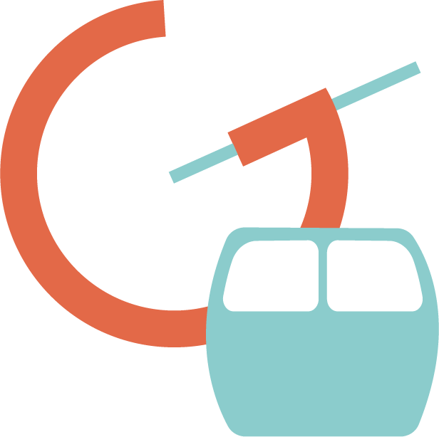 Graphic illustration of a cable car at the base of a mountain with a cable car pulley overhead.