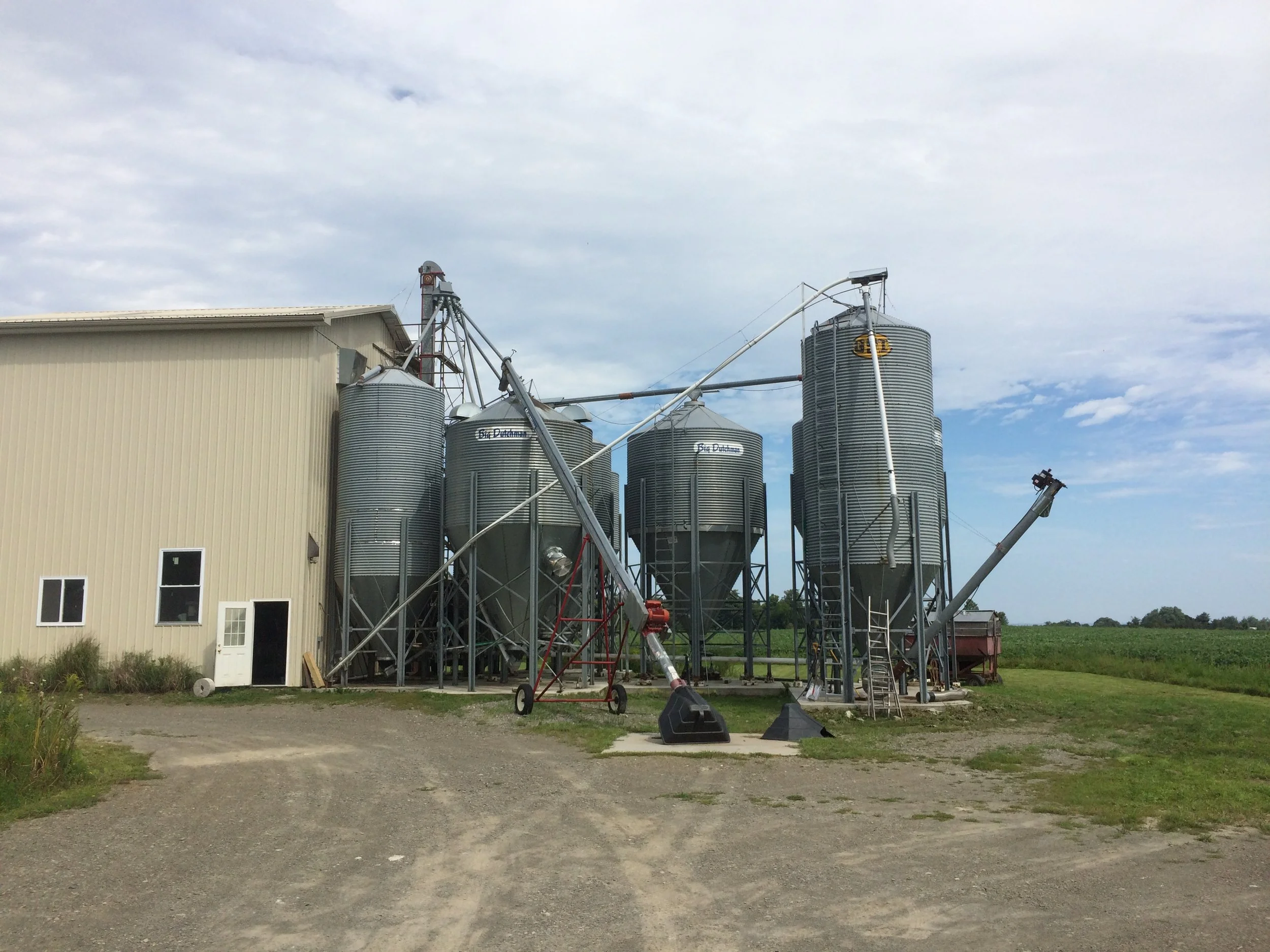 Four large metal grain silos attached to a beige farm building, with conveyor equipment and farm machinery outside, set on a grassy and gravel area under a cloudy sky.