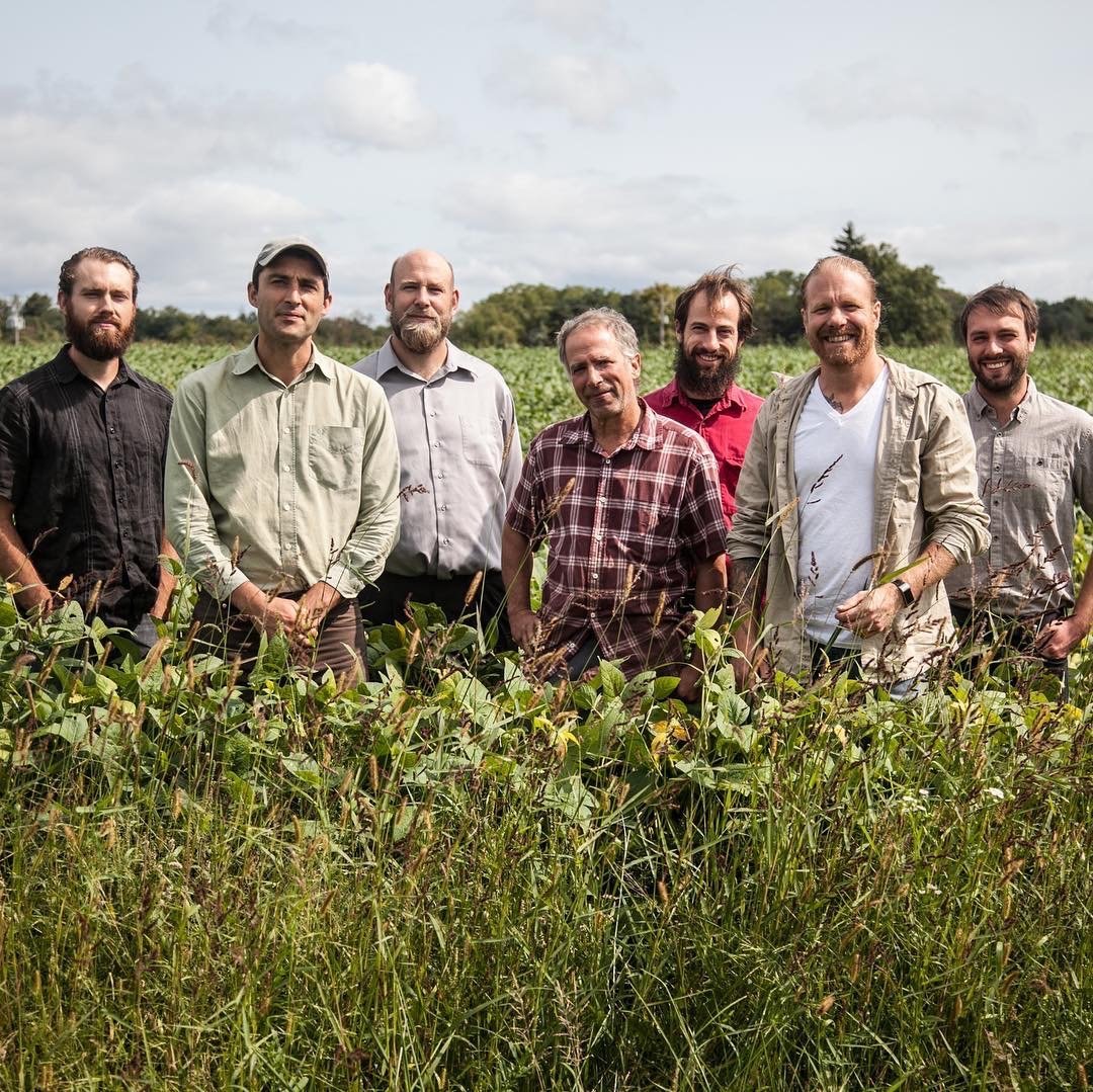 A group of eight men standing in a field of tall grass and plants outdoors on a cloudy day.