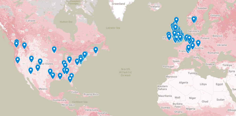 Global map showing numerous blue location markers mainly in the United States and Europe.
