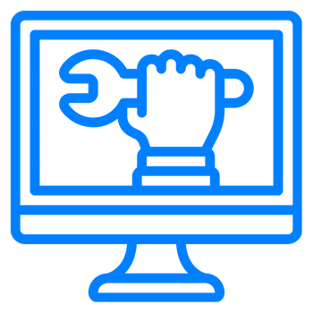 Computer monitor displaying a hand holding a wrench, symbolizing technical support or repair.