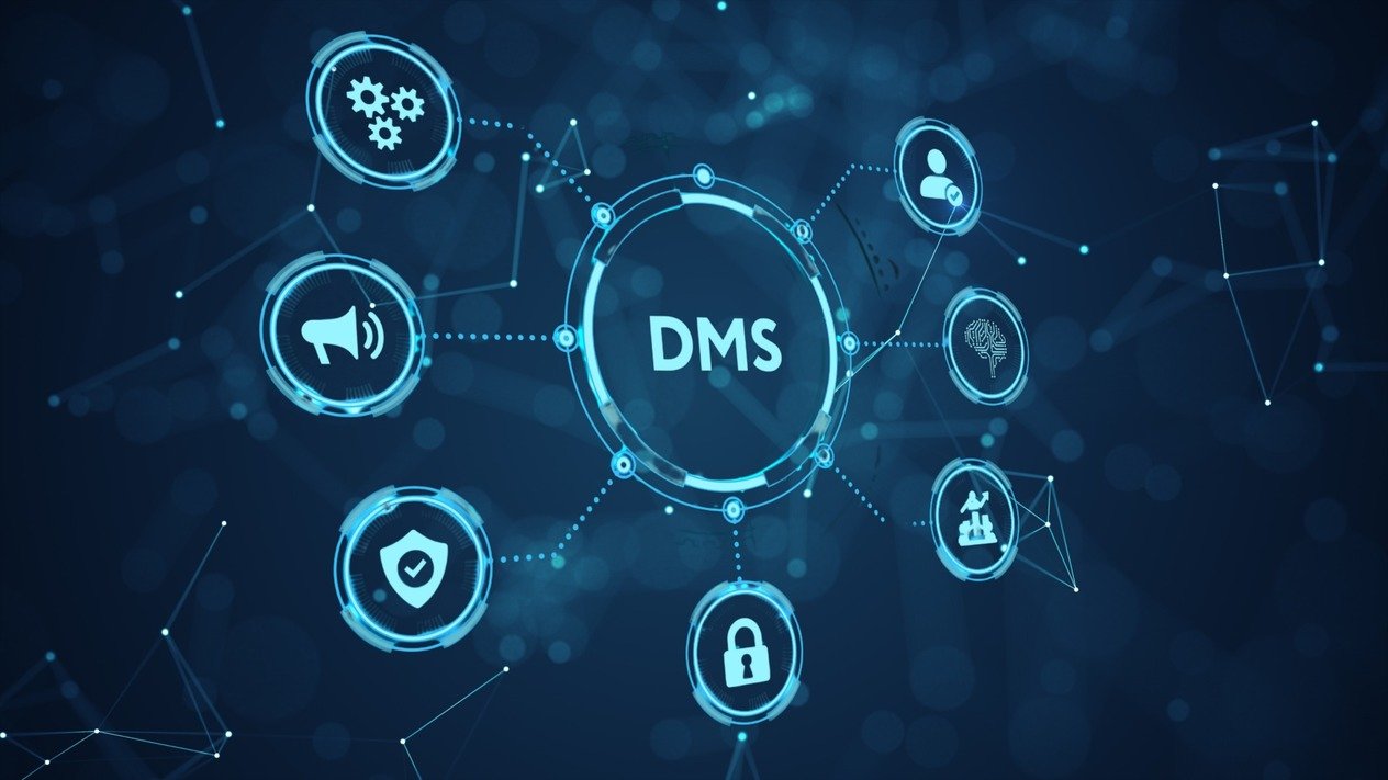 Digital graphic showing a central circle labeled 'DMS' with surrounding icons representing tools, security, communication, user profile, AI, analytics, and protection connected by lines on a dark blue background.