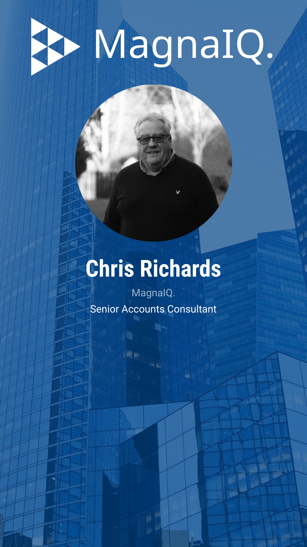 Business card with blue geometric background, company logo, photo of Chris Richards, senior accounts consultant at MagnaIQ.