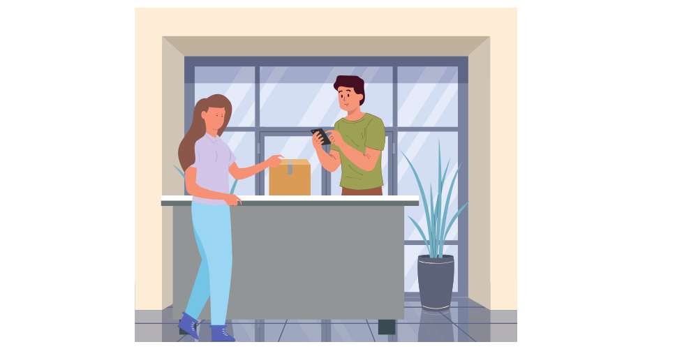 A man scanning a box given to him by a woman inside an office