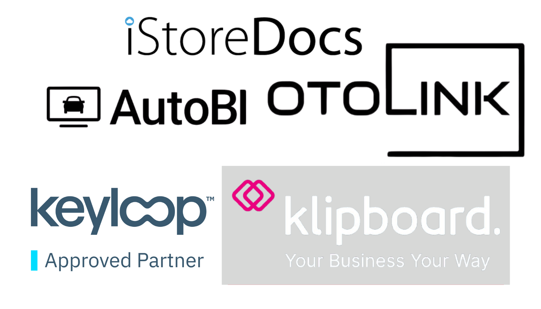 Collage of logos for iStoreDocs, AutoLink, keycop, and klipboard, with the tagline "Your Business Your Way."
