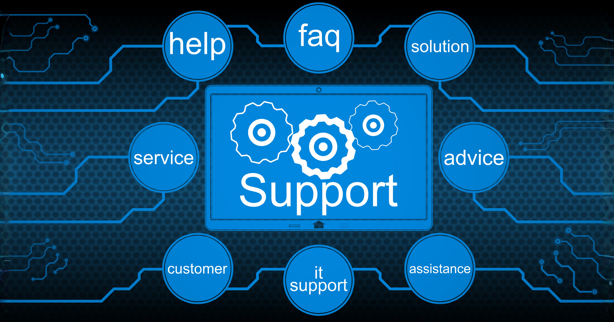 IT help desk with different buttons including: Help, Service, Customer, IT Support, Assistance, Advice, Solution, Faq