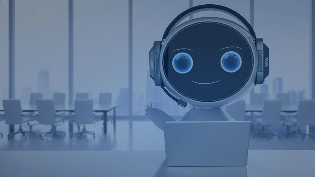 A robot working behind a laptop with  headset on, smiling and waving