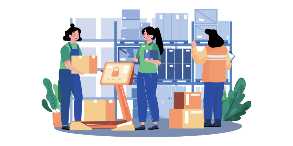 Women weighing boxes inside a warehouse