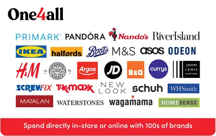 A collage of various retail store logos including One4all, Primark, Pandora, Nando's, River Island, IKEA, Halfords, Boots, M&S, ASOS, Odeon, H&M, The Express, Argos, JD, B&Q, Currys, John Lewis, Screwfix, TK Maxx, New Look, Schuh, WHSmith, Matalan, Waterstones, Wagamama, and Homesense. A red banner at the bottom states: 'Spend directly in-store or online with 100s of brands.'