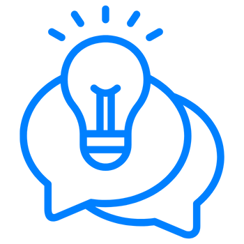 Two overlapping speech bubbles with a light bulb inside one bubble, symbolizing ideas or conversation.