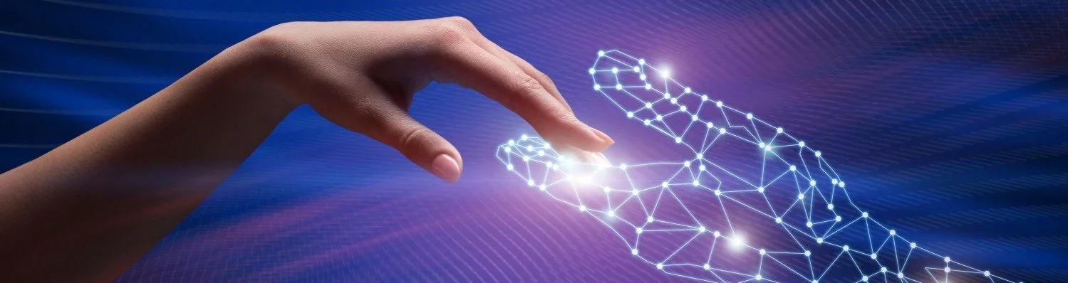A human hand reaching out to touch a digital, glowing hand made of interconnected lines and points, representing a connection between humans and technology.