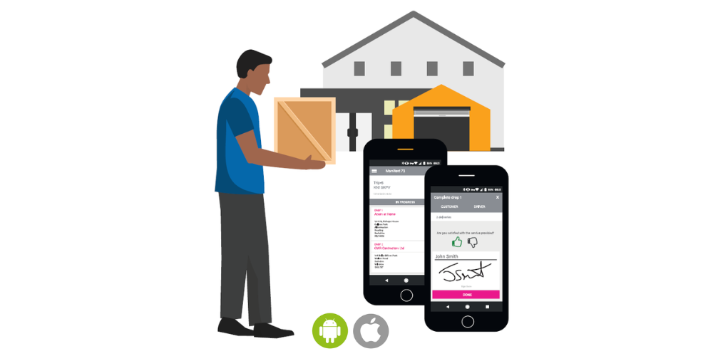 A man holding a box outside of a house. Two phone floating with an electronic signature. Android and Apple logo