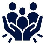 Icon of three people with open hands beneath them, symbolizing support or community