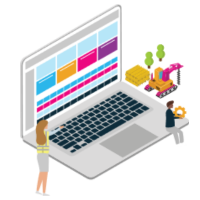 Minatare people stood next to a large laptop with data on it