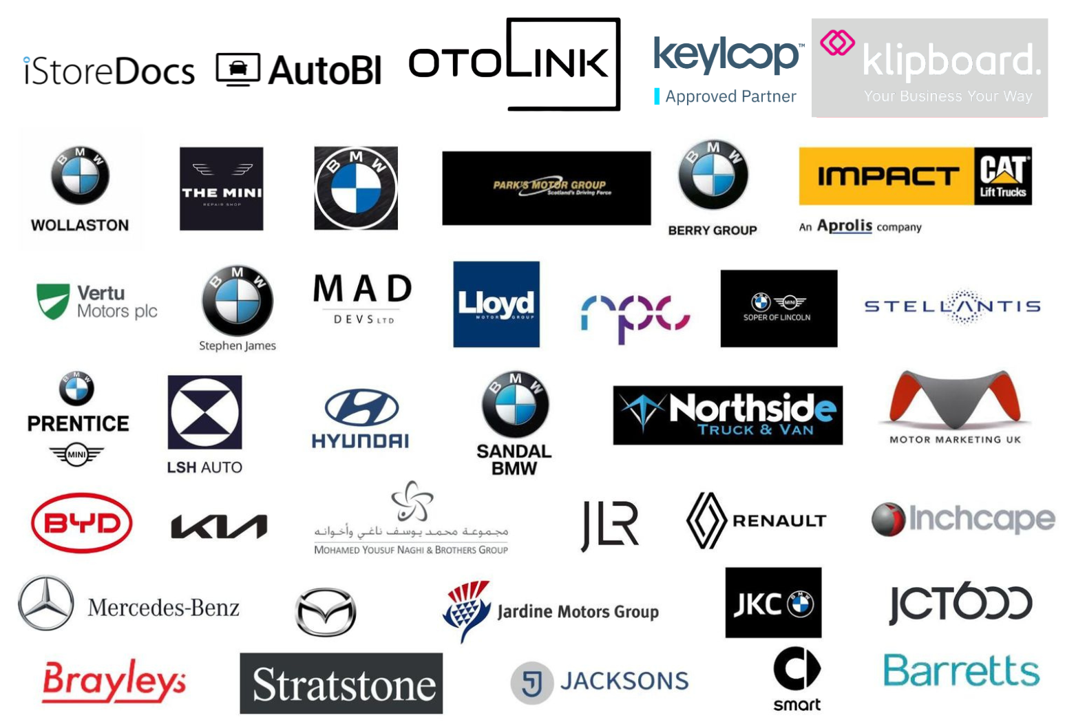 Collection of logos from various automotive and related companies, including BMW, Mercedes-Benz, Hyundai, Renault, Kia, and others, arranged in a grid.