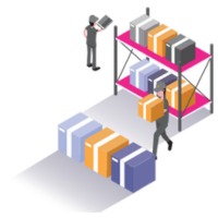 Factory workers moving boxes onto shelves