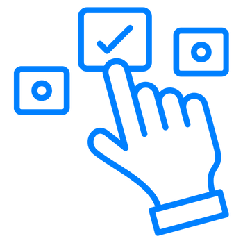 A blue outline icon of a hand clicking a checkmark on a web interface surrounded by small squares.