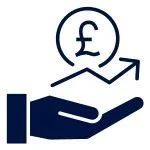 Illustration of a hand holding a coin with a pound symbol, and an arrow indicating growth or increase.