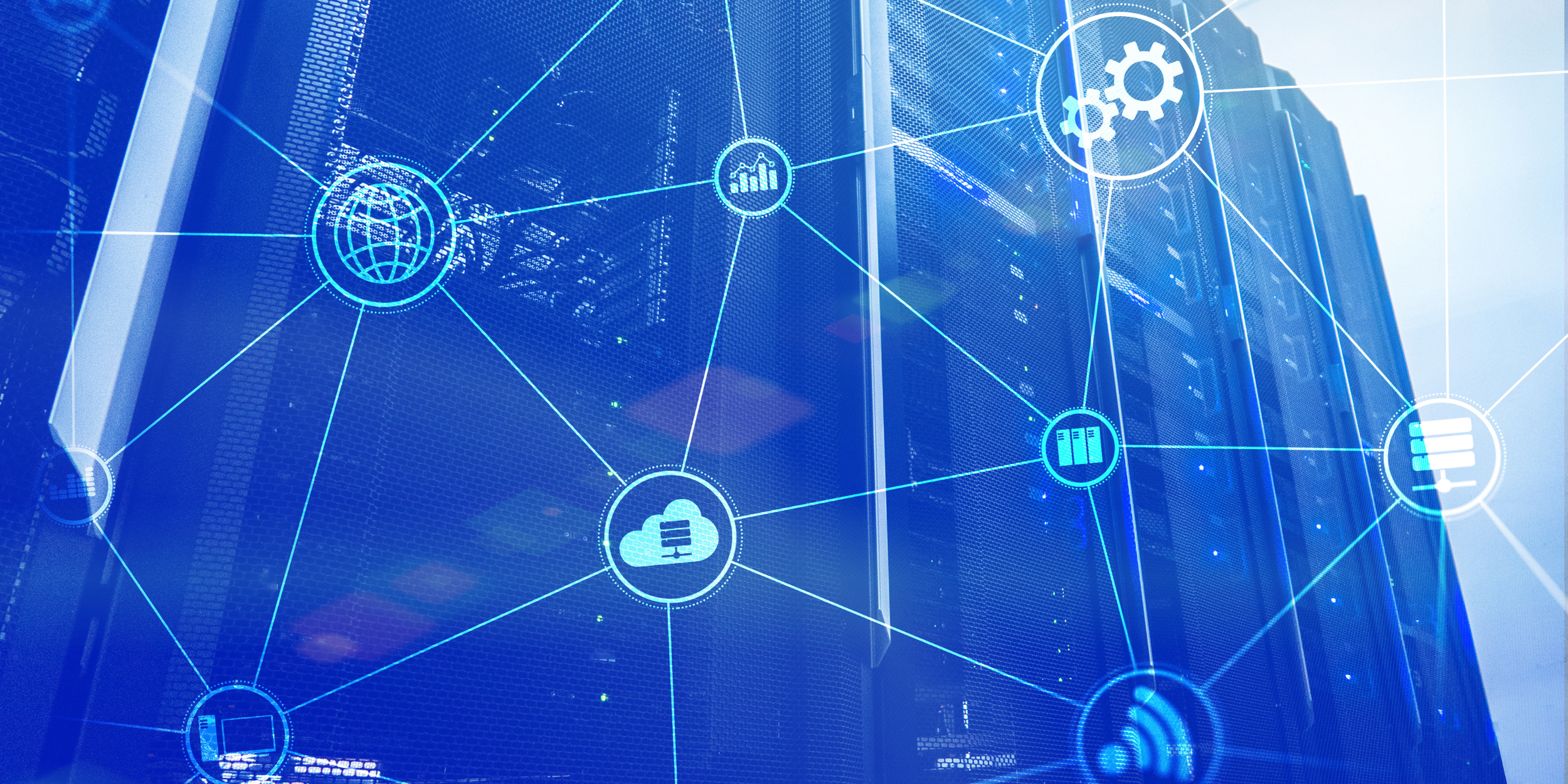 A web of different icons such as the internet, cloud storage, settings, wifi and servers